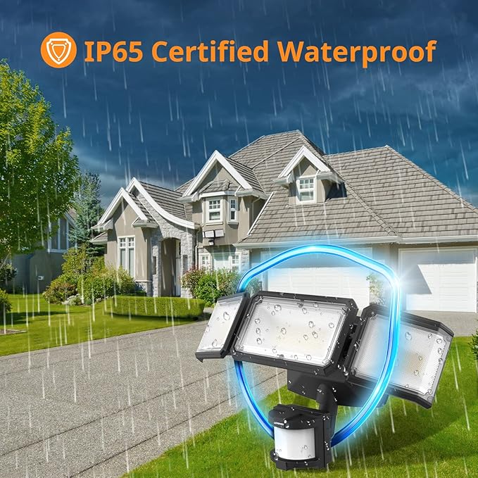 LEPOWER Battery Powered LED Flood Light Outdoor,1500LM Motion Sensor Security Lights, IP65 Waterproof,Wireless Flood Light Battery Operated,3 Head Motion Detector Light for Garage,Yard,Porch(Black)