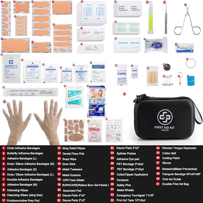 VRIEXSD Premium First Aid Kit, 320 Piece Waterproof Hard Shell Eva First Aid Kit for Home, Camping, Cars, Hiking, Travel, Businesses & Outdoor Emergencies - Emergency Medical Kits (Black)