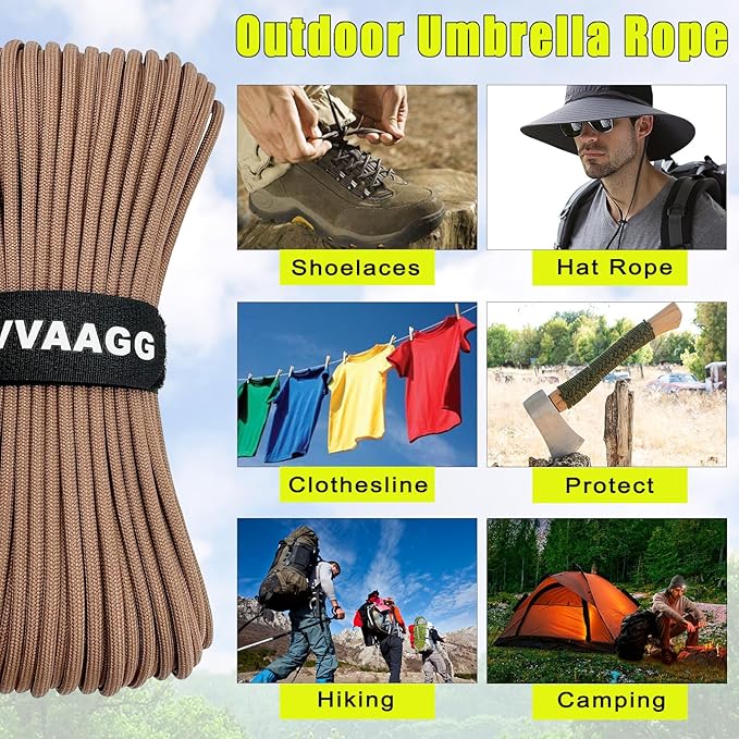 VVAAGG 1000 Tan Paracord 50FT Utility Parachute Cord 4mm Nylon String12 Strand Nylon Camping Rope, Tent Rope, Clothsline Rope for Survival & Camping Gear