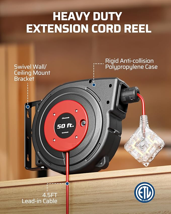 DEWENWILS 50FT Extension Cord Reel with 6 Grounded Outlets, Retractable Extension Cord Reel, 14/3C SJTOW, Twist-lock Stopper, 13A Circuit Breaker, Heavy Duty Power Cord, ETL Listed
