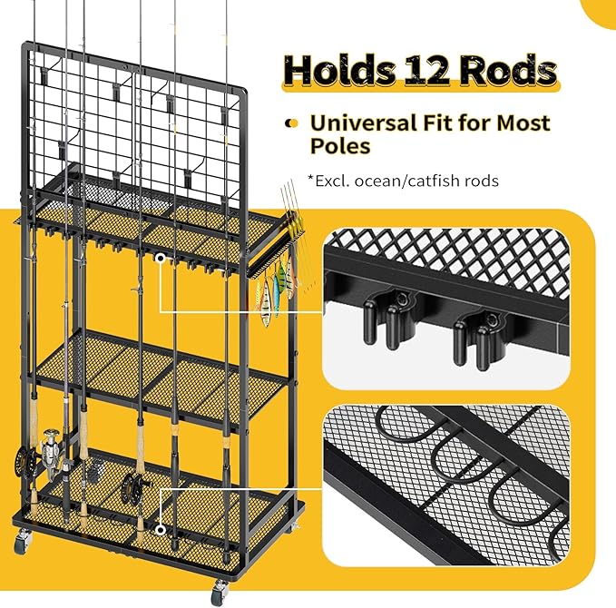 SOYEEZE Large Size Fishing Rod Holders for Garage, Heavy Duty 3-Tier Fishing Pole Rack with Pegboard and Hooks, Fishing Gear Organizer Up to 12 Rods, Rolling Fishing Storage Cart with Lockable Wheels