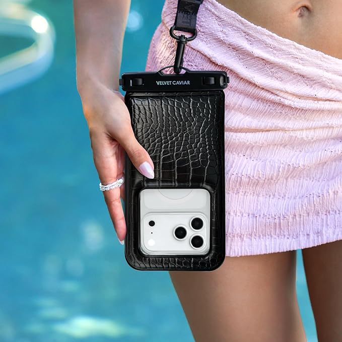 VELVET CAVIAR Waterproof Phone Pouch with Lanyard | IP68 Floating Case for iPhone & All Phones | Dry Bag for Snorkeling, Beach, Kayaking | Travel & Cruise Essentials for Women (Black Croc)