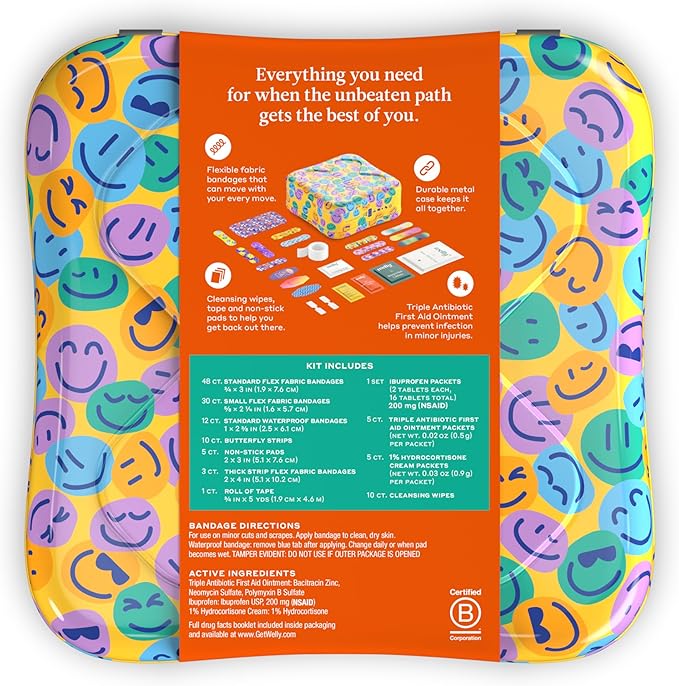 Welly First Aid Kit - Adhesive Flexible Fabric and Waterproof Bandages, Tape and Non-Stick Pads, Butterfly Strips, Single Use Ointments Triple Antibiotic and Hydrocortisone, and Ibuprofen - 130 Count