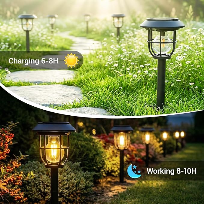 Solar Lights Outdoor, 6 Pack Waterproof LED Pathway Lights with 3 Adjustable Modes, Auto On/Off Lighting for Garden, Yard, Walkway, Driveway, Porch, Hanging on Trees or Tabletop, Warm White