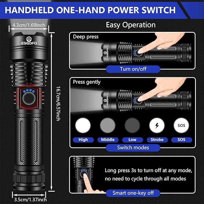 Esgofo Flashlights High Lumens 100000 Rechargeable, Super Bright Handheld LED Flash Light, Powerful Emergency Linternas, Waterproof, Long Lasting, for Hiking Camping Gift