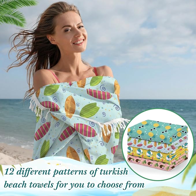 Peryiter 24 Pack Microfiber Oversize Turkish Beach Towel Set 12 Large Absorbent Beach Towels with 12 Storage Bag 28 x 55 Quick Dry Lightweight Bath Towel Blanket for Hawaii Camp Swim Pool(Summer)