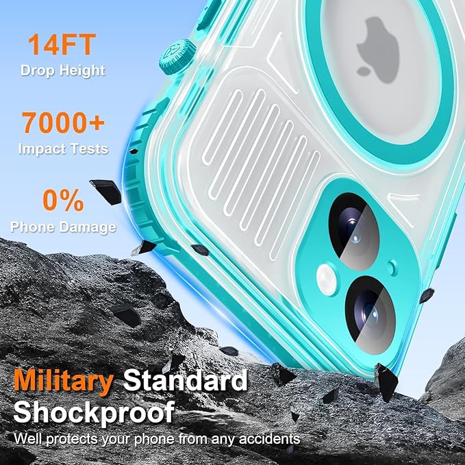 WIFORT for iPhone 15 Waterproof Case, [IP68 Underwater Dustproof][Built-in Screen][15FT Military Shockproof], 360 Full Body Sealed Protection Cover Magnetic Frosted Phone Case, 6.1" Teal