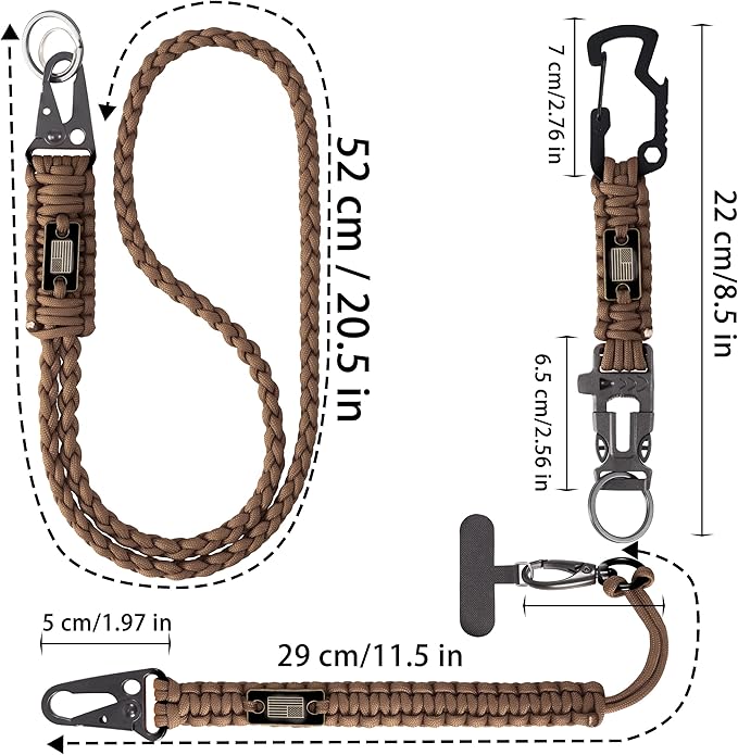 Heavy Duty Braided Paracord Lanyard for ID Badges,EDC Tether for Phone,Tactical 550 Paracord Keychain with USA Flag