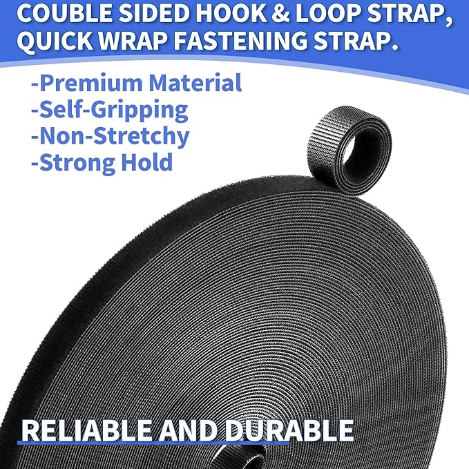 1/2In x 197Ft Reusable Cable Ties Hook and Loop Roll | Tie Down Straps, Nylon Double-Sided Strips, | Adjustable Multi-Purpose Wrap Fasteners forOffice, Home, Data Center