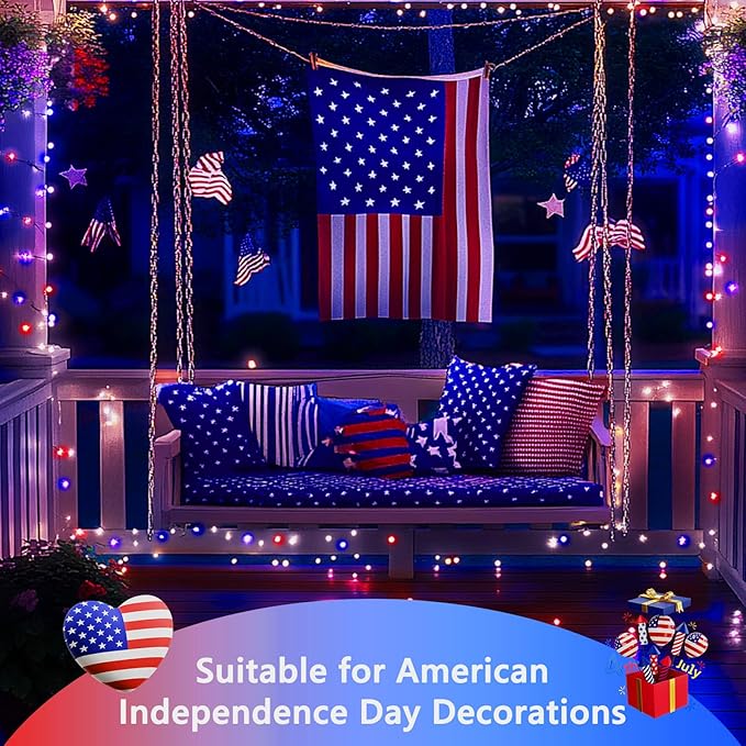 4th of July Decorations Solar String Lights 2Pack 400LED Independence Day Lights for Outside, Red White and Blue Solar Light Waterproof, Copper Wire 8 Modes Twinkle Light for Memorial Day National Day