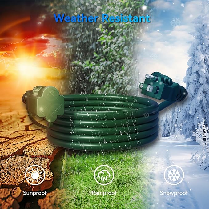 K KASONIC - 25FT Outdoor Extension Cord 1 to 3 Splitter, 3 Prong Outlets Plugs with Safety Covers, Weatherproof Extension Cord for Christmas Decorations, 16/3 SJTW, ETL Listed, Green