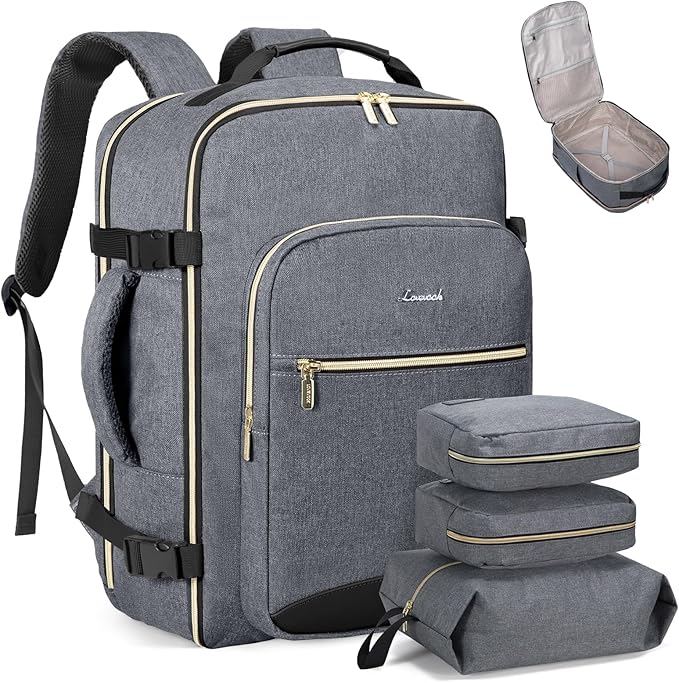 LOVEVOOK Travel Backpack for Women & Men 40L,Airline Approved Carry On Backpack Travel Essentials,TSA Carry on Luggage,Waterproof Personal Item Travel Bag,Suitcase with 3 Packing Cubes,Gray-Black