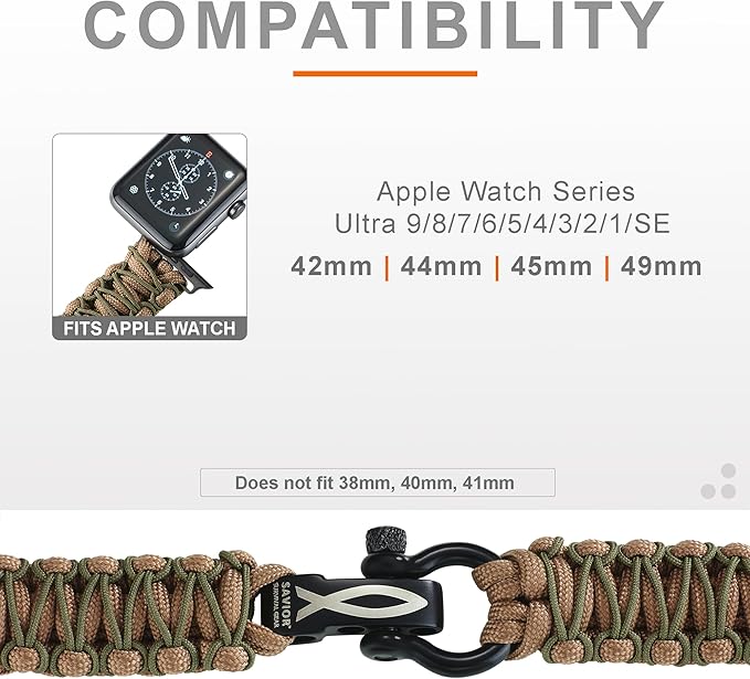 Savior Survival Gear Paracord Watch Band - Compatible with Apple Watch Band 49mm 46mm 45mm 44mm 42mm - iWatch Band Series Ultra 10 9 8 7 6 5 4 3 2 1 SE – Adjustable strap for men (Brown-Green, Large)
