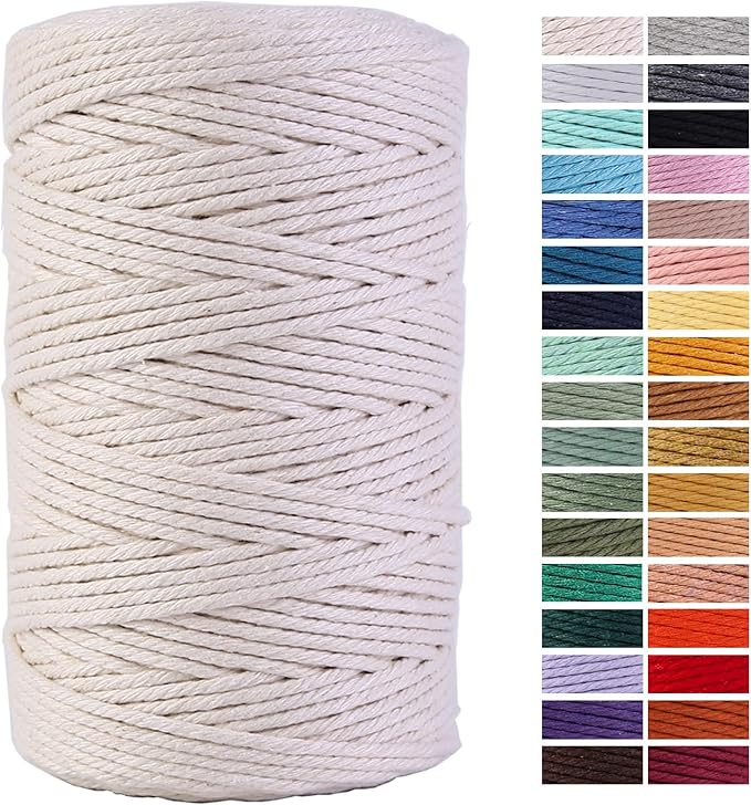 Macrame Cord 3mm x 220Yards 100% Natural Cotton Macrame Rope Cotton Cord for Handmade Macrame Supplies, Wall Hanging, Plant Hangers, Crafts, Knitting, Decorative Projects