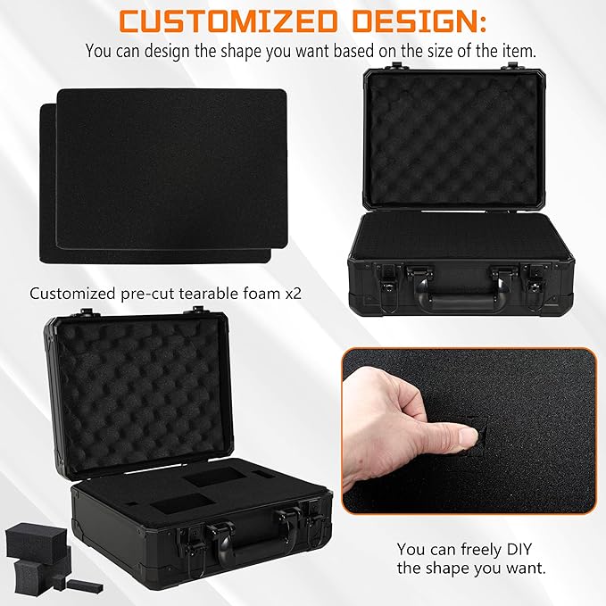 13 Inch Aluminum Carrying Case 13 X 10 X 5.5 Inch Ideal for Microphone & Camera Gear Transportation, DJ Mixer Case with Customizable Pre-Diced Foam, Black