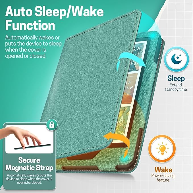 TNP Stand Case with Strap for Kindle Paperwhite 12th Gen 2024 / Kindle Colorsoft Signature Edition - 7" PU Leather Protective Folio Cover with Auto Wake/Sleep & Card Slot, Green