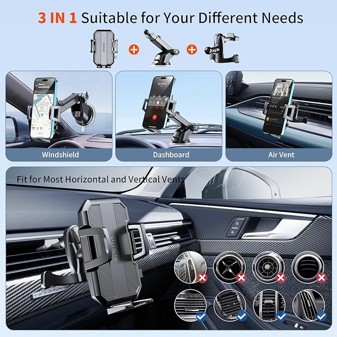 SUUSON Upgraded 3-in-1 Car Phone Holder Mount [Powerful Suction] Phone Mount for Car Dashboard Air Vent Windshield,for All iPhone Android Phone (Black)