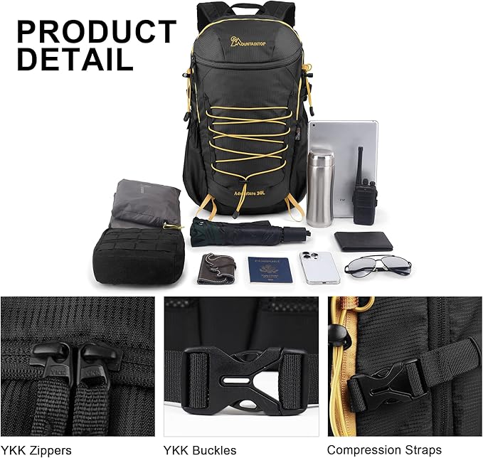 MOUNTAINTOP Hiking Backpack,30L Camping Backpack, Men Women Hiking Daypack Lightweight Travel Backpack for Climbing(Black)