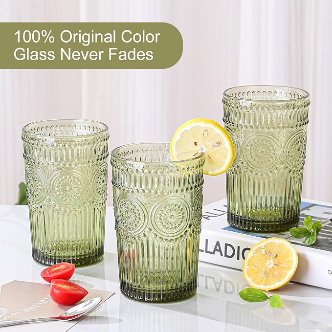 ZMOWIPDL Vintage Glassware Drinking Glasses Set of 6,13 oz Green Textured Flower Design Glass Water Tumblers，Embossed Striped Drinkware for Water,Cocktails,Juice,Iced Coffee