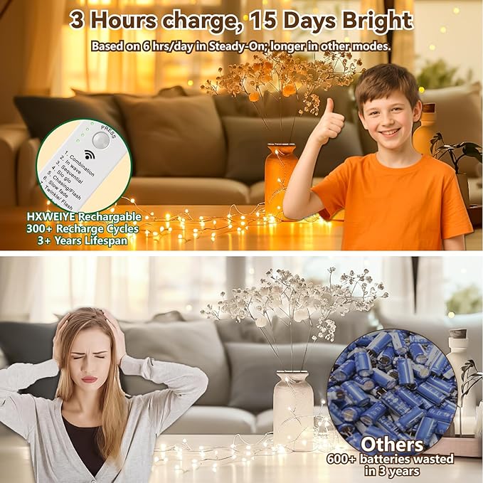 HXWEIYE Rechargeable Fairy Lights Battery Operated, DIY Timer & 8 Modes, 4 Pack 16FT 50LED Twinkle String Lights Indoor, Led mini Lights for Bedroom Wedding Dorm Christmas Tree Decor (Warm White)