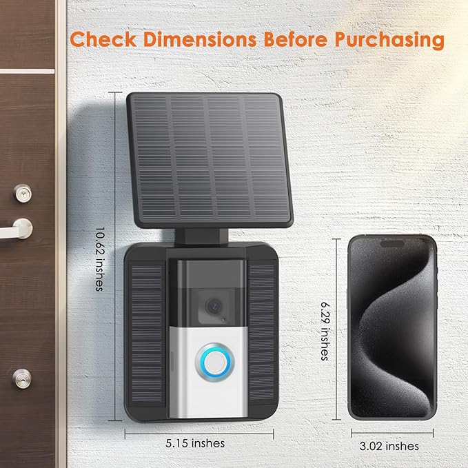Doorbell Solar Charger Compatible for Ring Video Doorbell 3/3 Plus/4/Battery Doorbell Plus/Battery Doorbell Pro(2-Prong Port), QIBOX 2.9W Adjustable Efficient Solar Panel Mount for Doorbell Camera