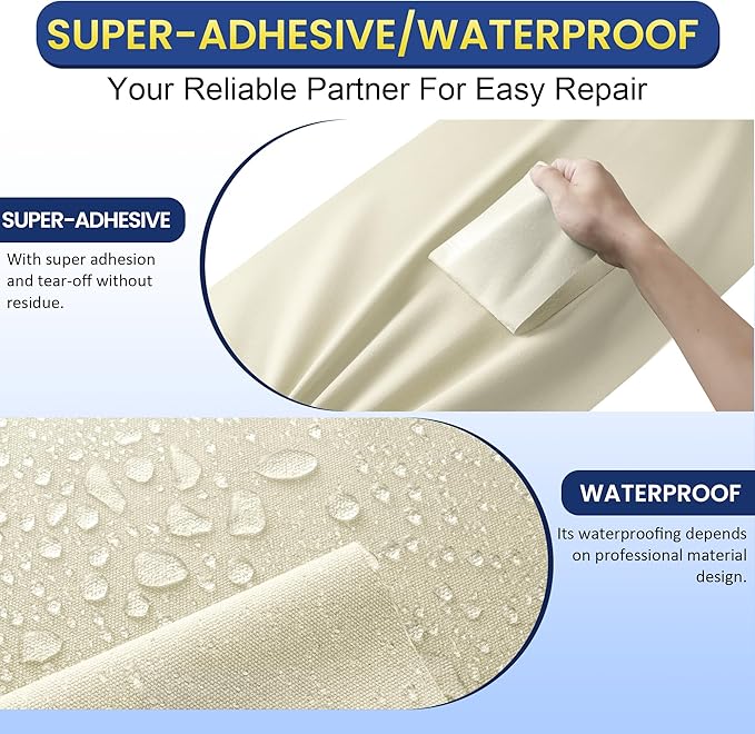 Self-Adhesive Canvas Repair Tape, 8.3" x 11" Waterproof Canvas Repair Patch, Fabric Patch Repairs Kit for Furniture, Tents, Sunbrellas, Boat Covers Awnings, Couches, Clothes, Bags Beige&White