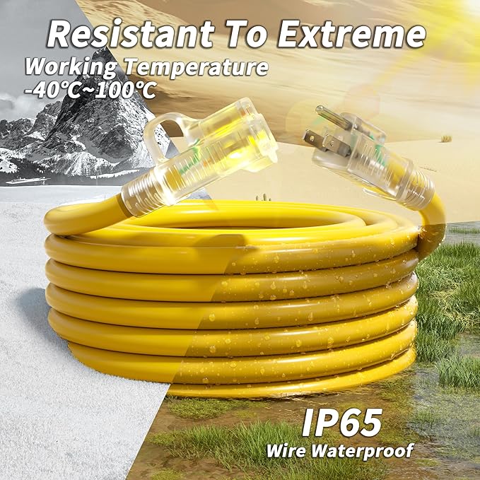 PlugSaf 14/3 Gauge Yellow Outdoor Extension Cord 50 ft Waterproof with Lighted Indicator, Cold Weatherproof -40°C, Flexible 3 Prong Extension Cord Outside,15A 1875W 14AWG SJTW, ETL Listed