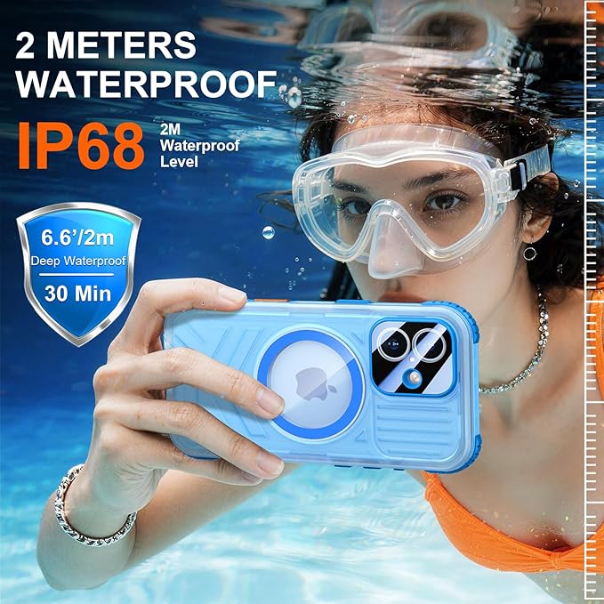 SPIDERCASE Magnetic for iPhone 17 Case Waterproof,[Built-in Screen & Camera Protector] [IP68 Underwater] 12FT Military Shockproof, Dustproof, Anti-Scratched Phone Case,Blue/Clear