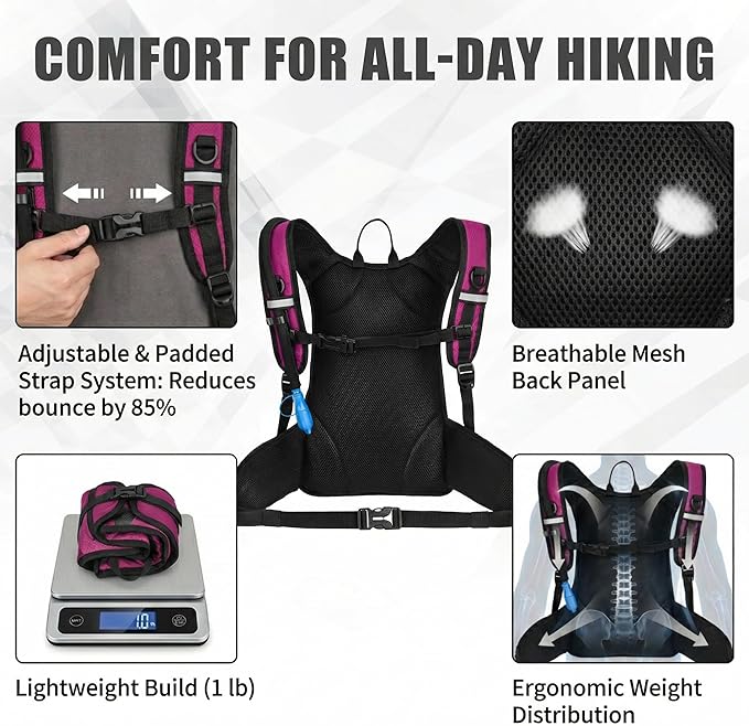 Miracol Hiking Hydration Backpack with Bladder: 2L Water Reservoir for 8H Hydration - Insulated Keep Water Cold 4 Hours - Adjustable Straps Comfortable for Day Hiking/Cycling/Half Marathon (Rose)