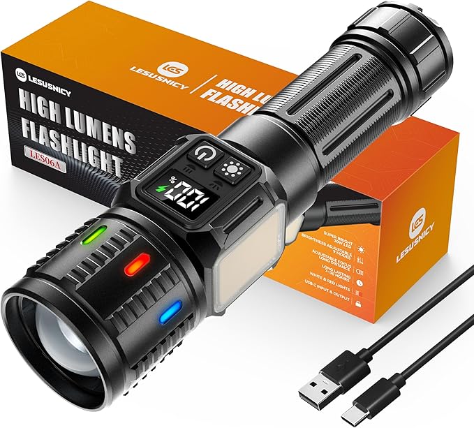 Rechargeable Flashlights High Lumens 100,000, Super Bright LED Flash Light Long Lasting USB C LCD Display, Dual Light Source & Buttons with Red Light, for Camping Hiking Emergency Home Gift
