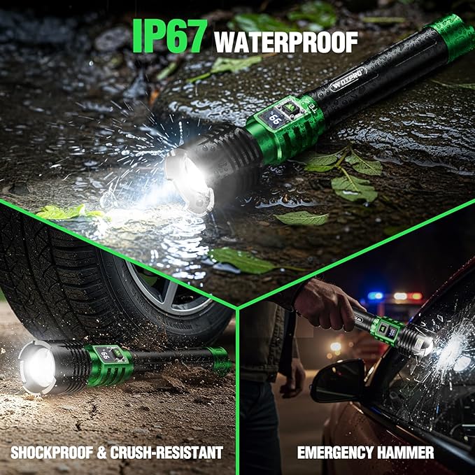WdtPro Rechargeable LED Flashlights High Lumens, Super Bright 90000LM Rechargeable Flashlight with LCD Display, 5 Modes & Waterproof Powerful 10000mAh 30H Flashlight for Camping Emergency Green