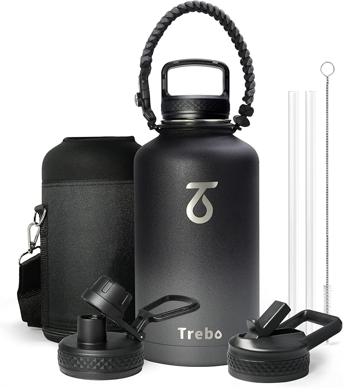 Trebo Water Bottle 64oz with Paracord Handle, Half Gallon Large Vacuum Triple Wall Stainless Steel Insulated Water Jug with Straw Spout Handle Lids, Leakproof BPA-Free Keep Cold & Hot, Dark Gray
