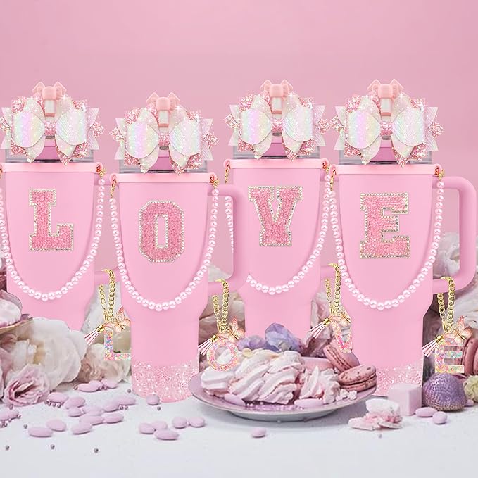 9PCS Pink for Stanley Cup Accessories Set Bling Initials Bow Charms for Stanley Decorations 30/40 Oz Tumbler Accessories Including Bow Straw Topper, Handle Strap, Spill Stopper（Letter F）