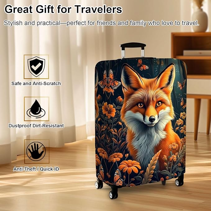 Luggage Cover Protector for 22-24 Inch Suitcases, TSA Approved Elastic Travel Suitcase Covers, Anti-Scratch Washable Luggage Sleeve for Carry On & Checked Bags, Fox Flowers