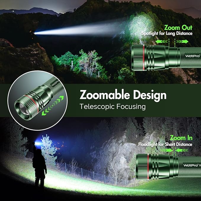 WdtPro Rechargeable Flashlights High Lumens, 1 Pack 10H Long Lasting Super Bright EDC Flashlights, LED Mini Tactical Flash Lights for Camping Emergency, Drop & Water Resistant Green(Battery Included)