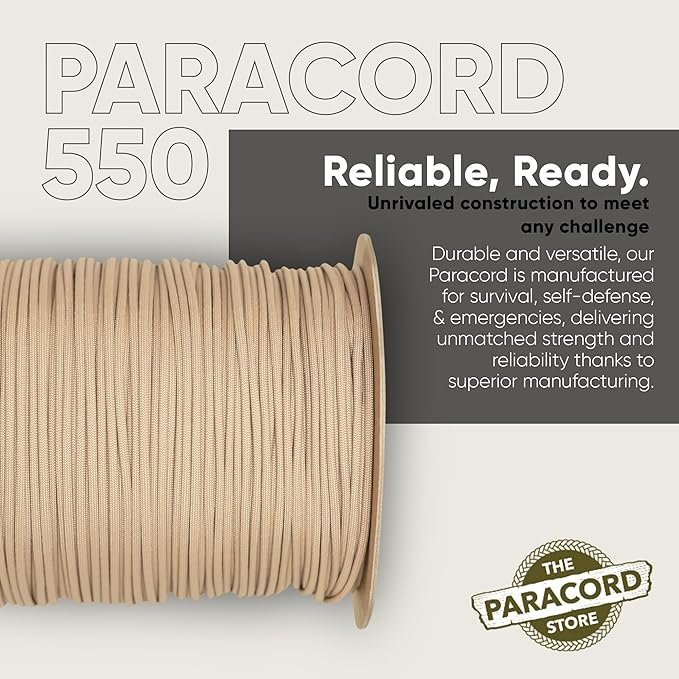 The Paracord Store | Type III 550 Paracord - 1000 FT Spool, Tan 380 | Heavy Duty 7 Strand Tactical Paracord - USA Made Nylon Outdoor Parachute Cord for Camping, Fishing & More - Survival Cord