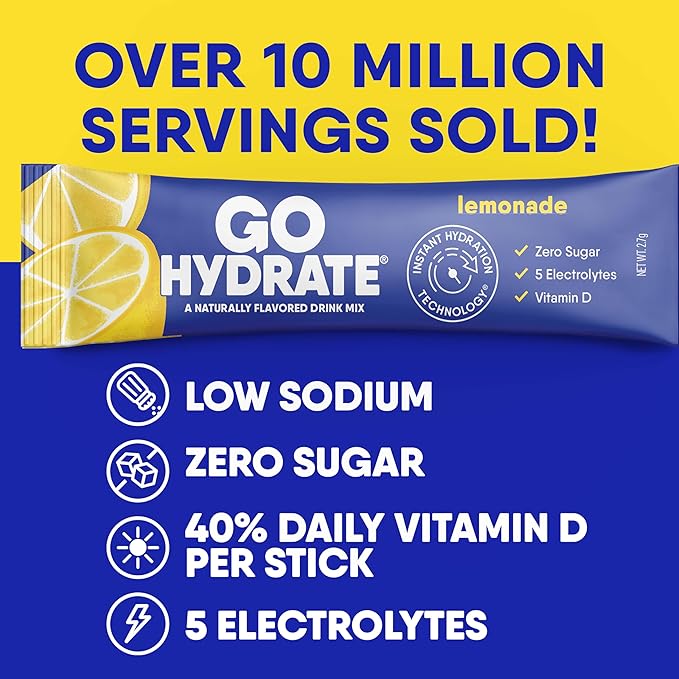 GoHydrate Low Sodium Electrolytes Powder Packets Sugar Free - Instant Hydration Daily Drink Mix - Zero Sugar Water Flavor Packet Singles with Vitamin D - (Lemonade, 30 Packs)