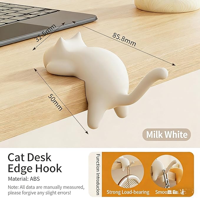 Cat Desk Hook for Kids - Damage-Free No Drill Desk Side Hook, 5KG Load Capacity ABS Backpack Hanger, Adhesive Included Multi-Purpose Organizer for Student School Desk/Home Office