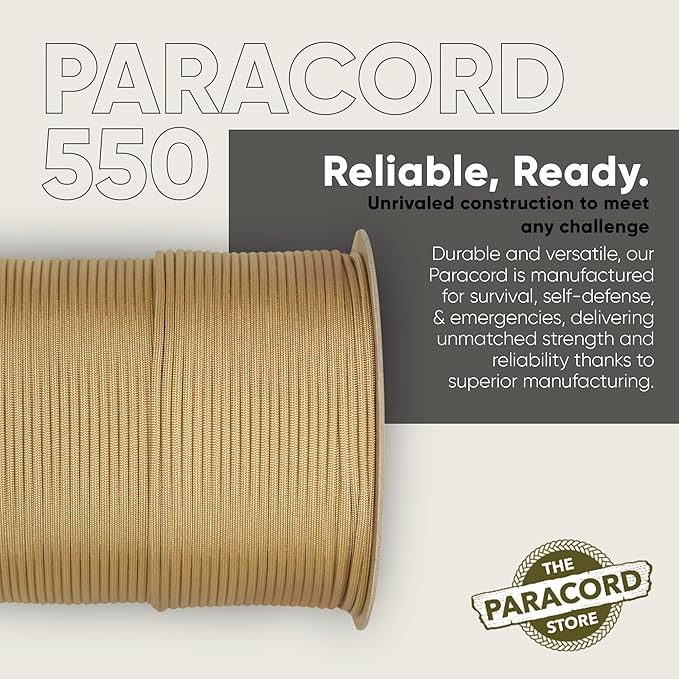 The Paracord Store | Type III 550 Paracord - 1000 FT Spool, Gold | Heavy Duty 7 Strand Tactical Paracord - USA Made Nylon Outdoor Parachute Cord for Camping, Fishing & More - Survival Cord