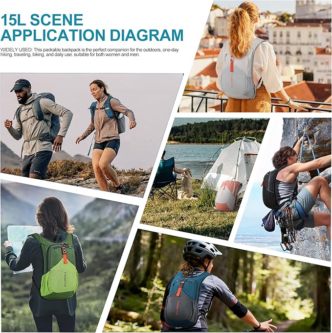 FIORETTO 15L Hiking Backpack for Women Men Mini Packable Backpack Lightweight Small Daypack for Camping Travel Outdoor, Black