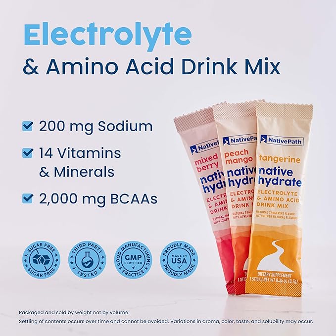 NativePath Hydrate Stick Packs with Electrolytes and Amino Acids, Variety Pack, Mixed Berry, Peach Mango, Tangerine, 30 Servings