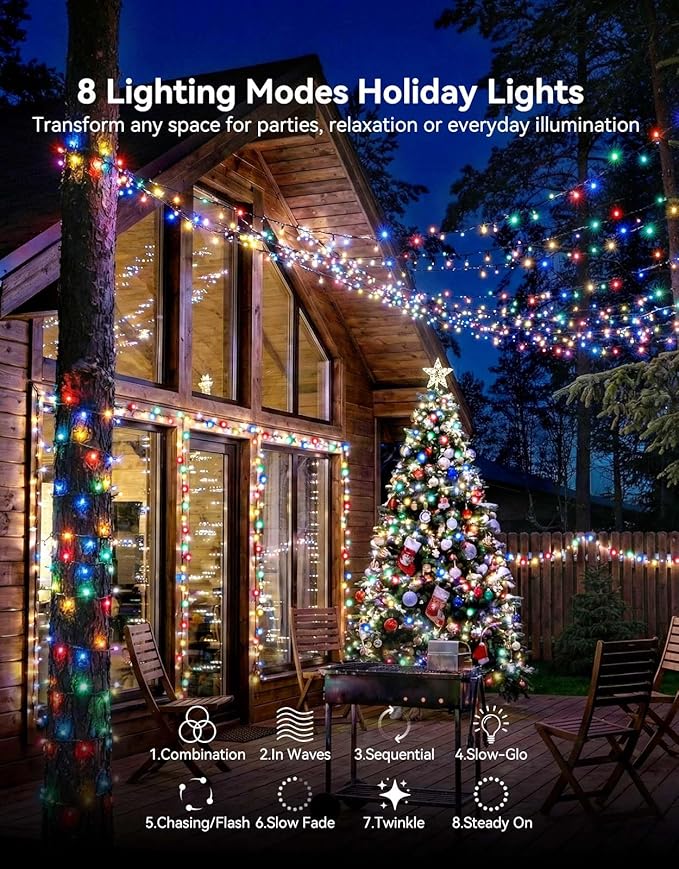 LitHome 99FT 300 LED String Lights Outdoor Indoor, 8 Modes Waterproof Christmas String Lights with Timer & Memory Function, Outdoor Christmas Lights Green Wire for Xmas Tree Party Garden, Multicolor