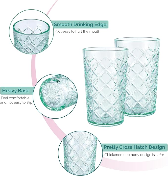 CREATIVELAND Drinking Highball Glasses Set of 4, Vintage Cross Hatch Glass Cups, 15.5oz Tall Drinking Water Glasses, Dishwasher Safe Green Glass Tumbler Glassware for Water, Juice, Cocktail, Coffee