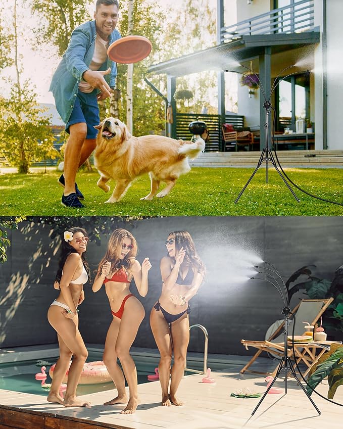 Rafow Standing Misters for Outside Patio - Adjustable Height 3.6-5.2FT Misting System Line 26.5FT Portable Water Misters for Cooling Outdoor with Tripod Base Stand Mister for Backyard Pool BBQ Party