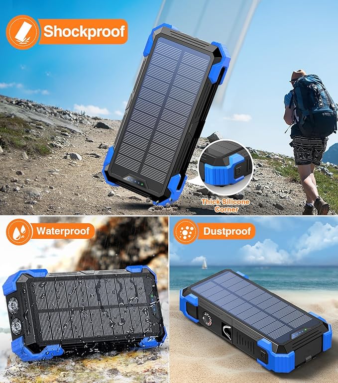 Sudrov Solar Charger Power Bank, 42800mAh Wireless Portable Charger with USB-C in/Output, QC3.0 Fast Charging 15W 4 Ports Outdoor Battery Pack Built-in LED Flashlight, for iPhone, Galaxy, iPad etc