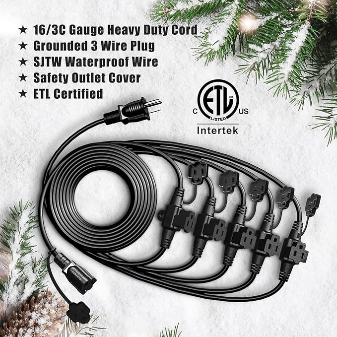 Eversimpleinc Black Outdoor Extension Cord with Multiple Outlets, (50FT 6 Outlets) Evenly Spaced with Weatherproof Cover, Ideal for Christmas Decoration Patio, 16AWG/3C SJTW, ETL Listed