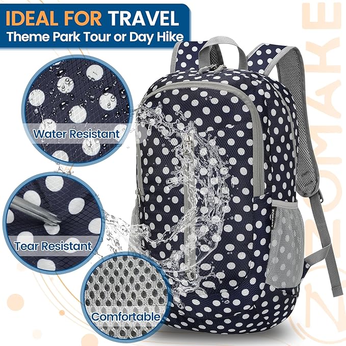 ZOMAKE Ultra Lightweight Packable Backpack 25L - Foldable Hiking Backpacks Water Resistant Small Folding Daypack for Travel(Navy Blue,White polka dots)