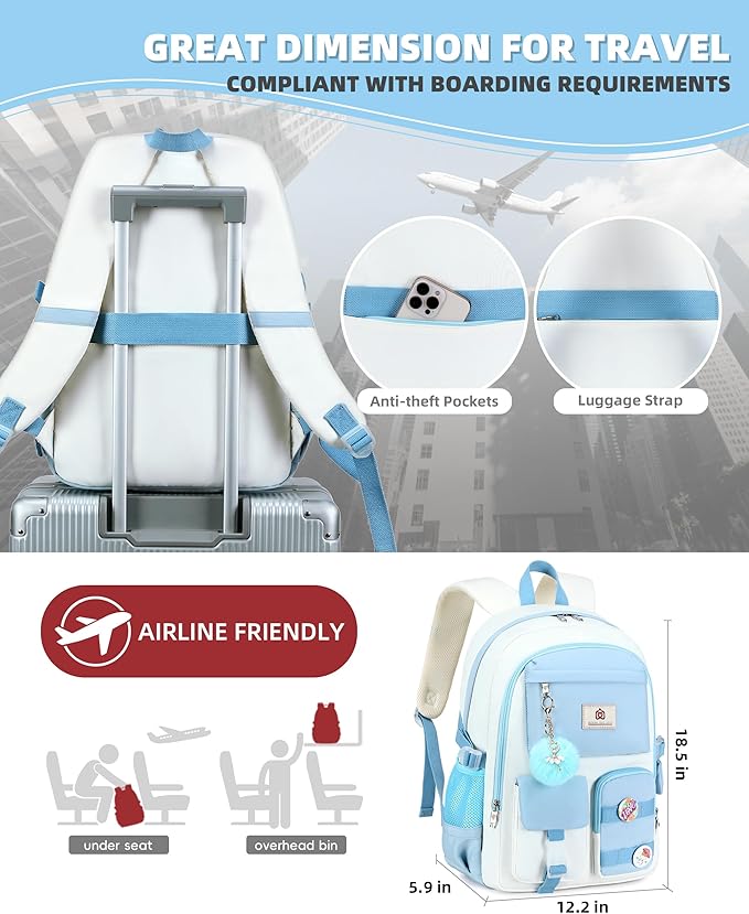 Hidds Laptop Backpacks 15.6 Inch School Bag Elementary Middle High College Backpack Cute Bookbags Anti Theft Travel Back Pack Casual Daypack Kids Book Bag for Teens Girls Women Students-Blue Beige