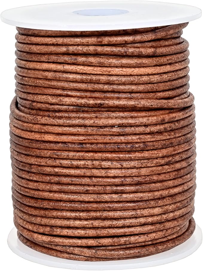 GENIQUE Real/Genuine Round Leather String Cord for Necklace, Bracelets, Jewellery, Braiding (Saddle Brown Distressed, 2mm)