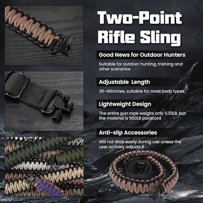 Double Braide 550LB Shotgun Sling 2 Point Paracord Rifle Sling,Non-Slip Traditional Adjustable Gun Sling for Hunting Shooting Camping